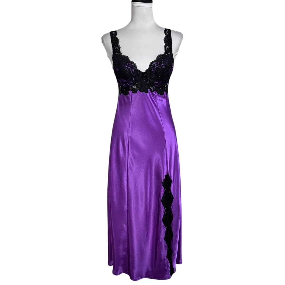 Y2K Victoria's Secret Satin Maxi Slip Dress Purple Lace‎ Bustier Slit S 4 Gothic